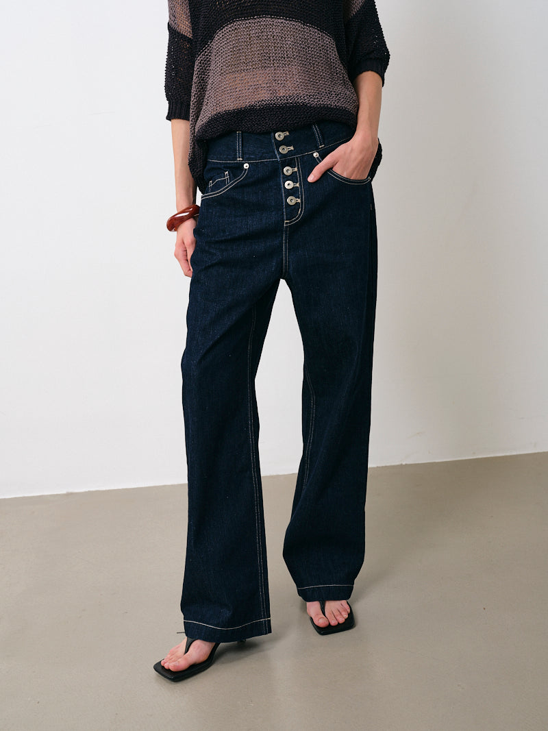 Heavy Duty Button-Detailed Raw Denim Straight Jeans