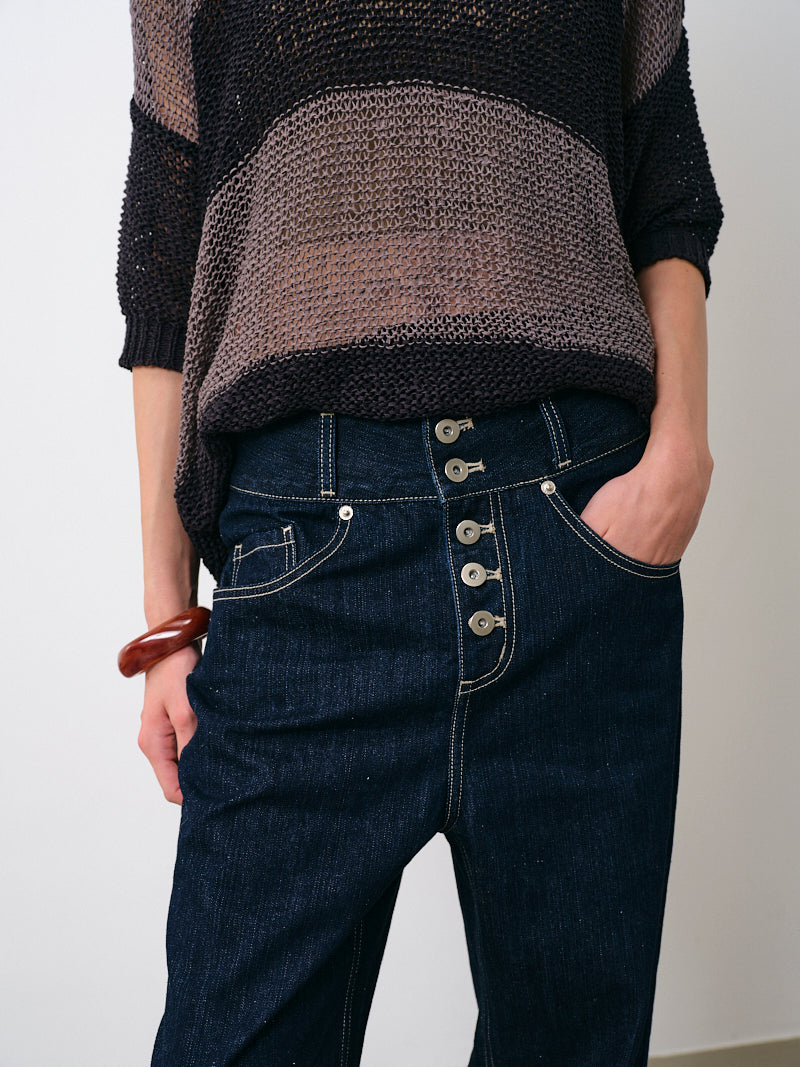 Heavy Duty Button-Detailed Raw Denim Straight Jeans