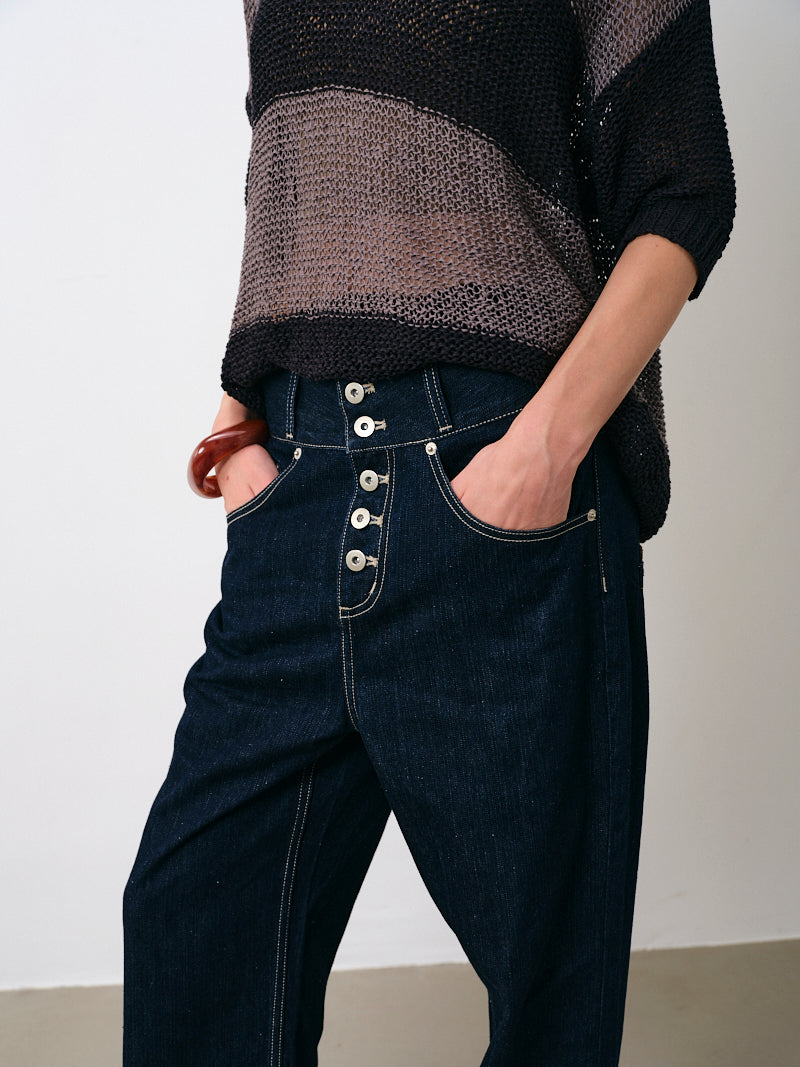 Heavy Duty Button-Detailed Raw Denim Straight Jeans