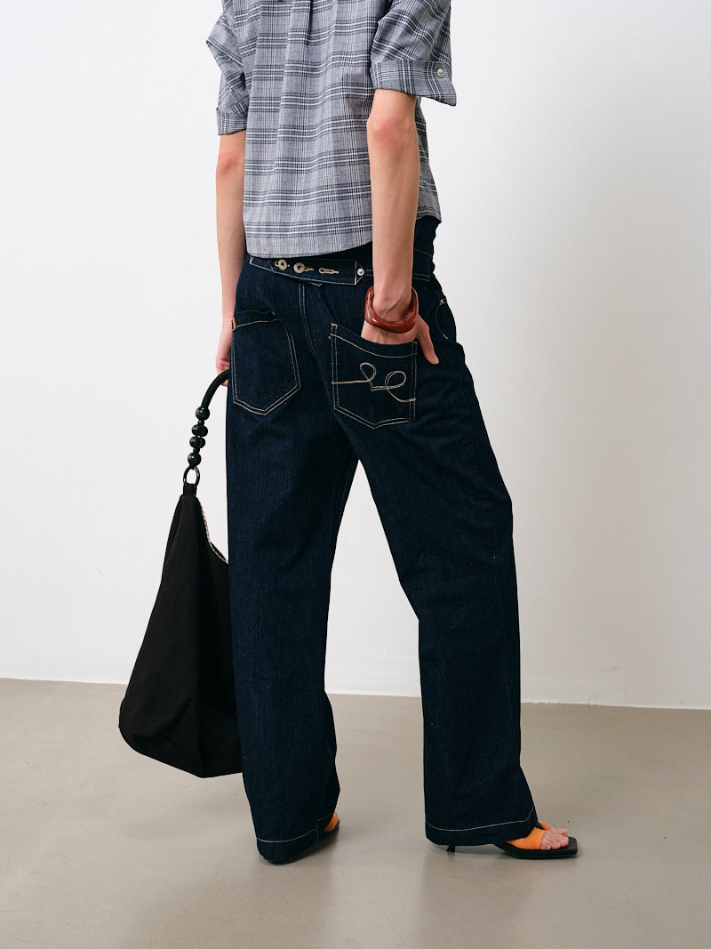 Heavy Duty Button-Detailed Raw Denim Straight Jeans