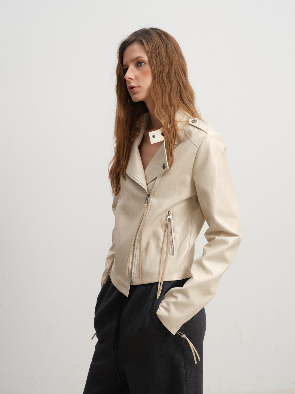 Oblique Placket Metal-Button Print-Lined Leather Jacket