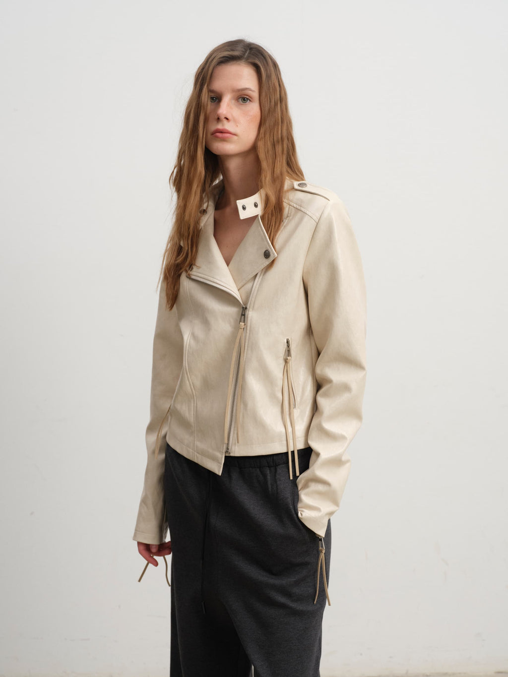 Oblique Placket Metal-Button Print-Lined Leather Jacket