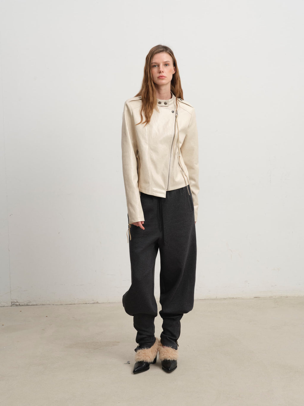 Oblique Placket Metal-Button Print-Lined Leather Jacket