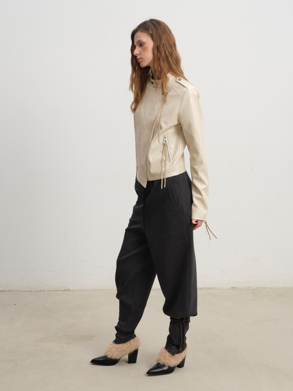 Oblique Placket Metal-Button Print-Lined Leather Jacket