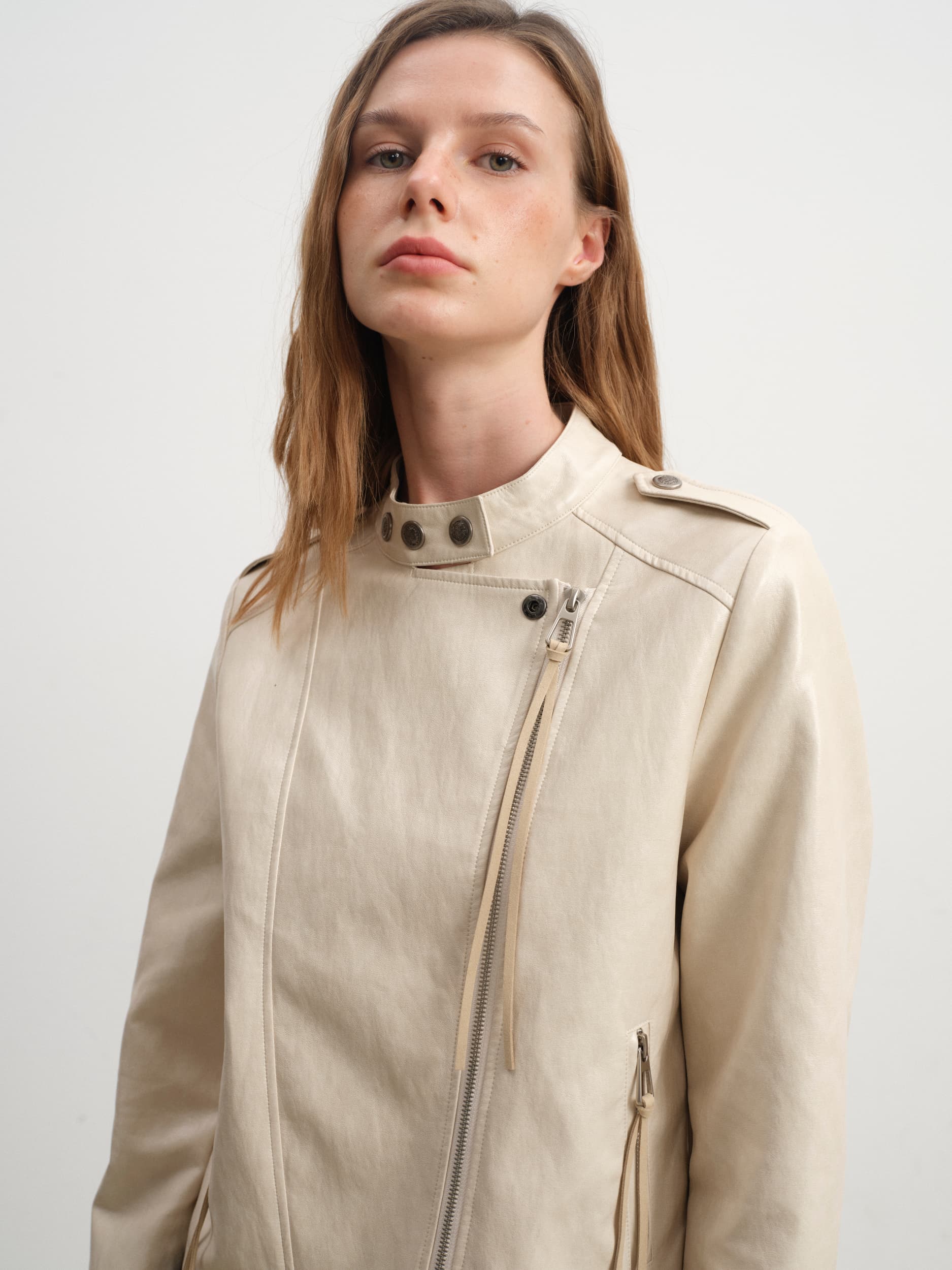 Oblique Placket Metal-Button Print-Lined Leather Jacket