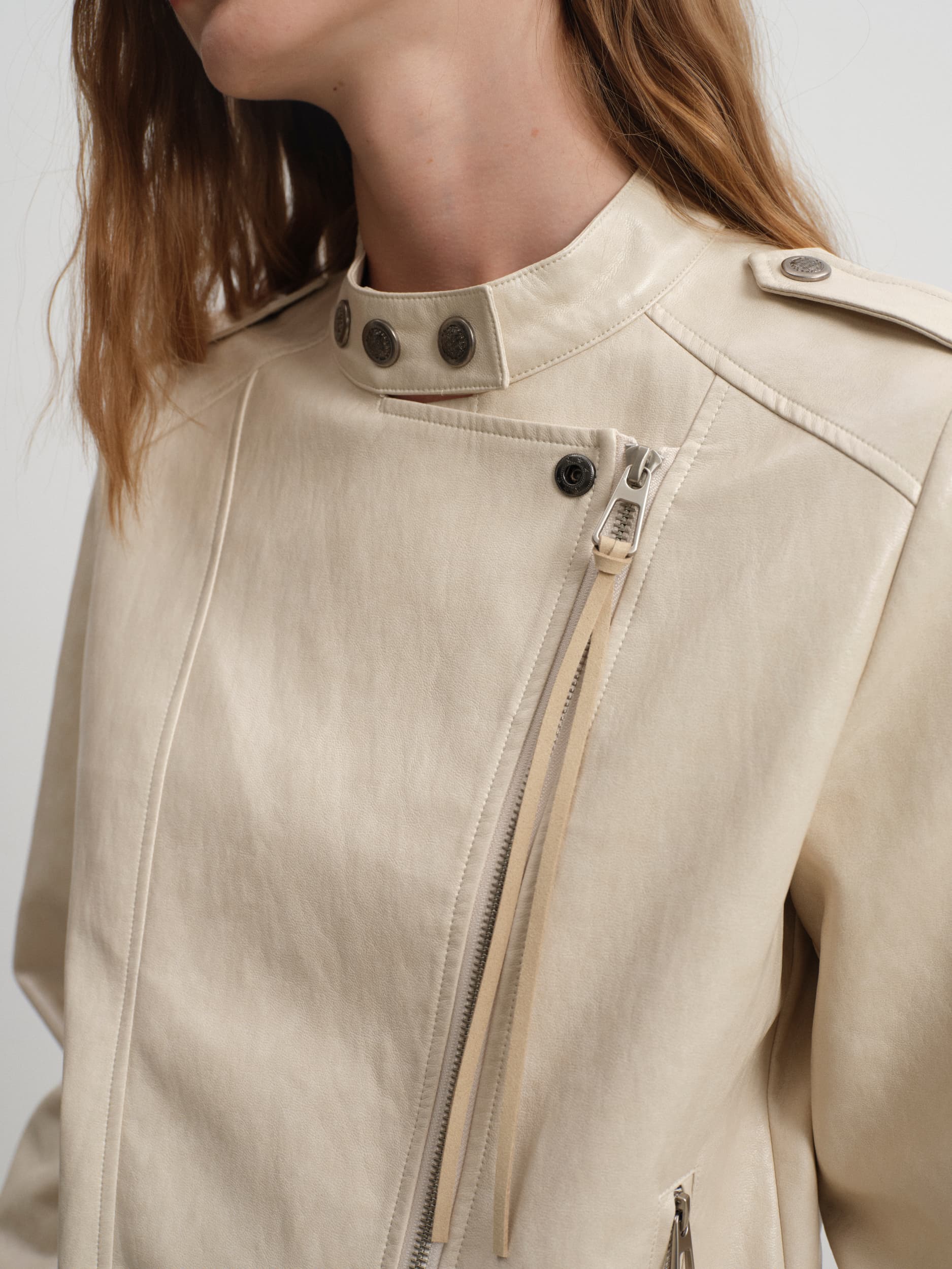 Oblique Placket Metal-Button Print-Lined Leather Jacket