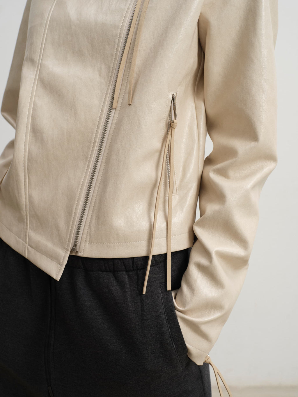 Oblique Placket Metal-Button Print-Lined Leather Jacket