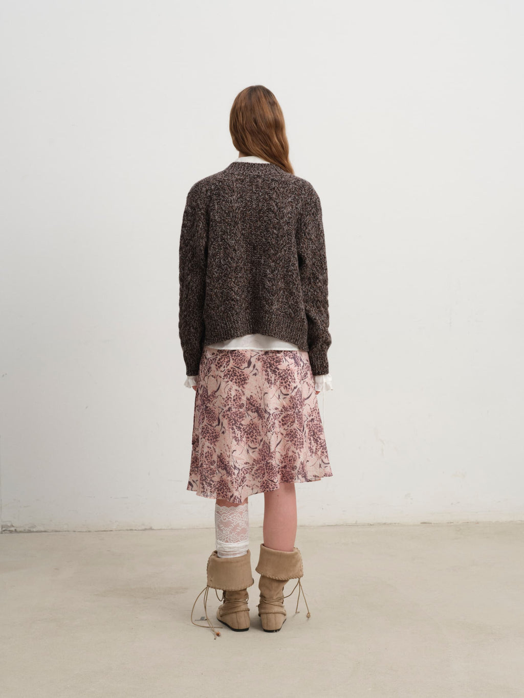 Caramel Wool Blend Yarn Cable Knit Cardigan