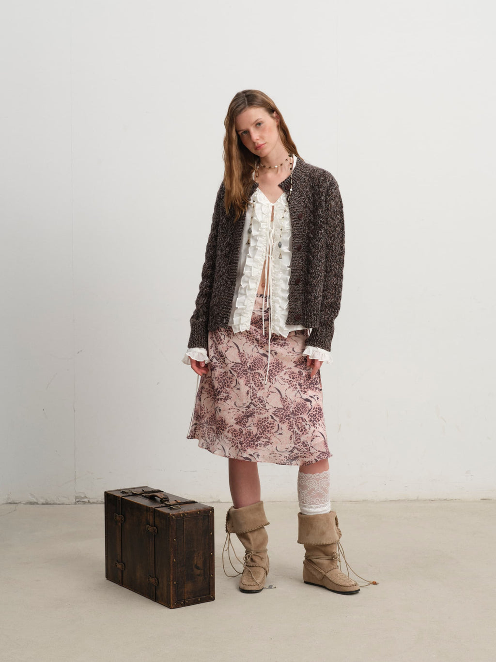 Caramel Wool Blend Yarn Cable Knit Cardigan