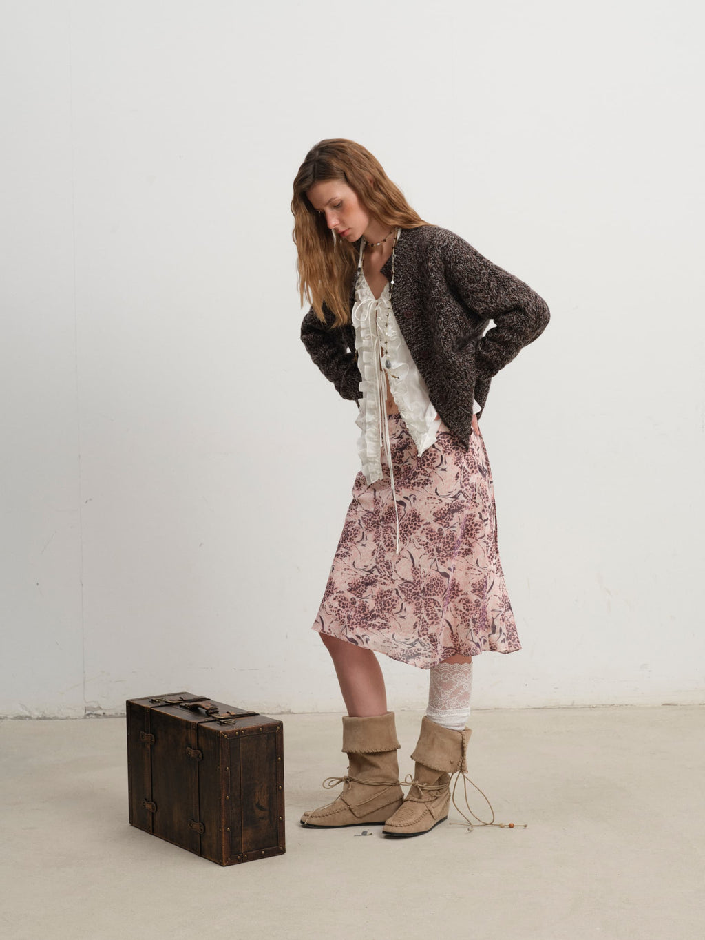 Caramel Wool Blend Yarn Cable Knit Cardigan