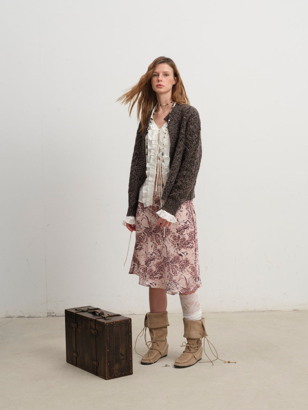 Caramel Wool Blend Yarn Cable Knit Cardigan