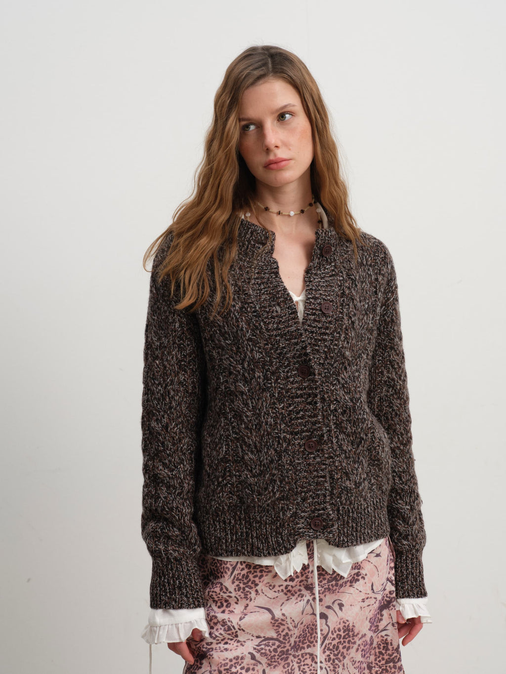 Caramel Wool Blend Yarn Cable Knit Cardigan