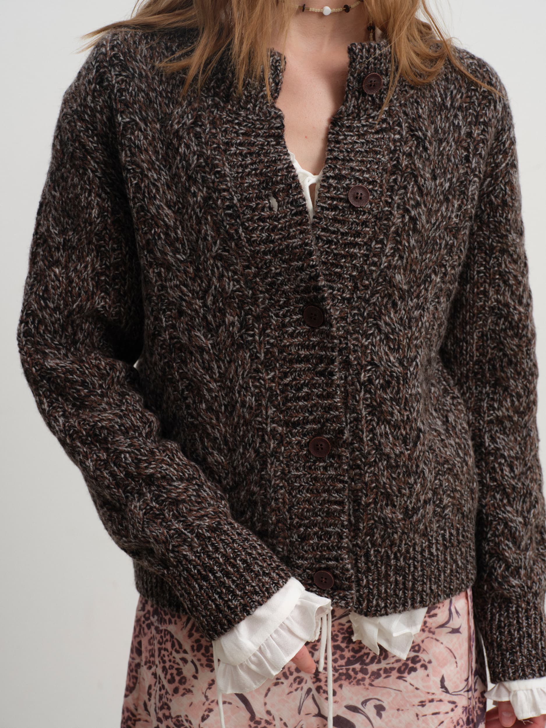Caramel Wool Blend Yarn Cable Knit Cardigan