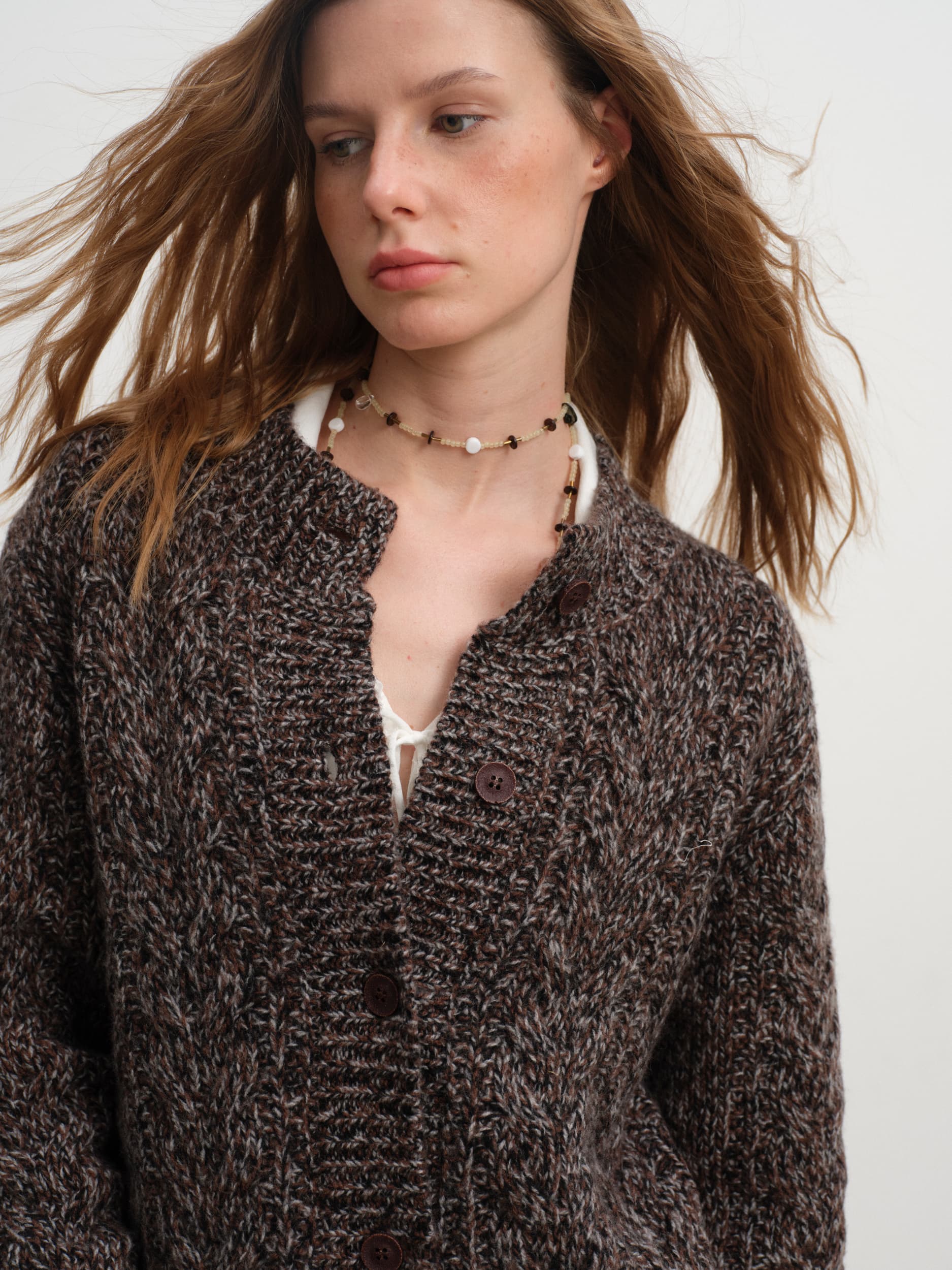 Caramel Wool Blend Yarn Cable Knit Cardigan