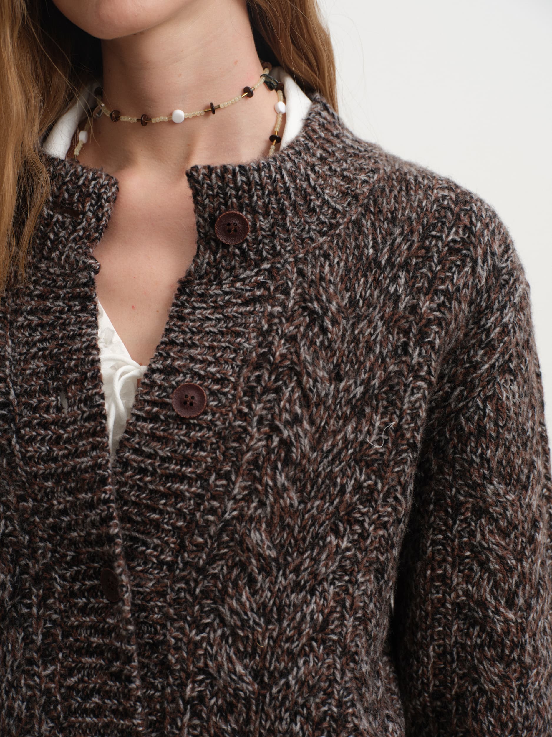 Caramel Wool Blend Yarn Cable Knit Cardigan