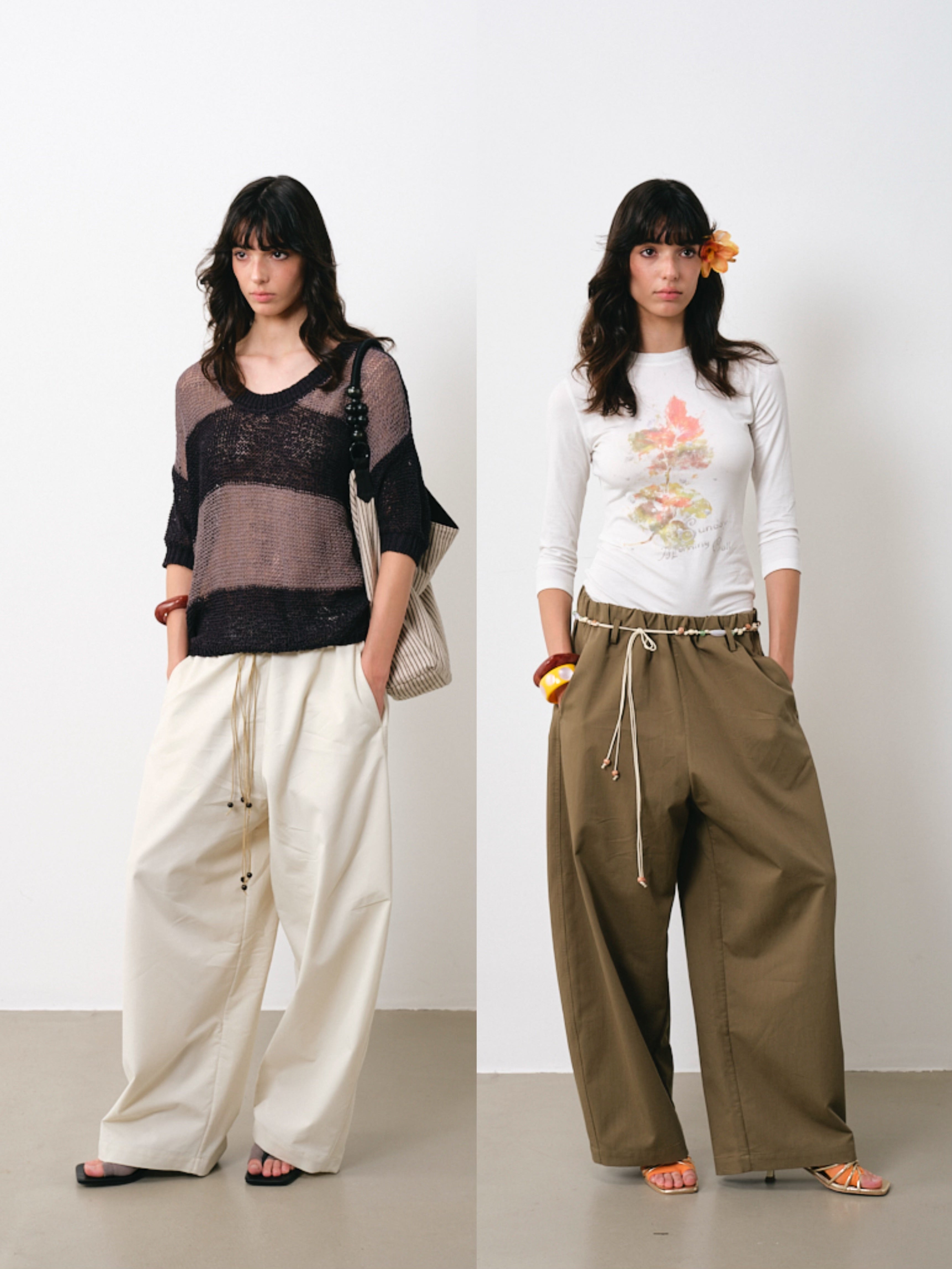 Beaded Wide-Leg Pants with Detachable Waistchain